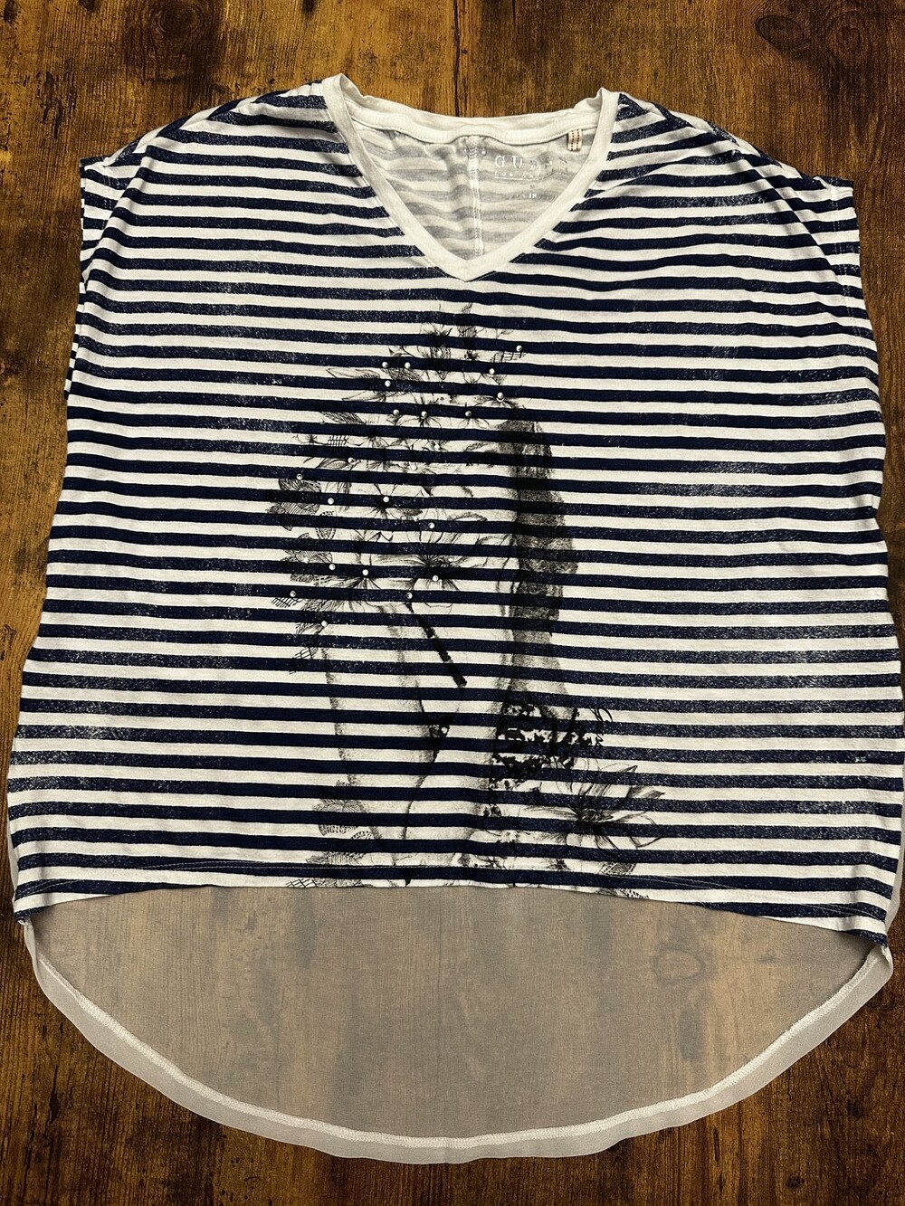 Guess Striped Graphic T-Shirt with High-Low Chiffon Hem